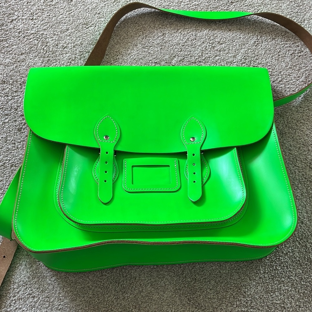 Cambridge Satchel Leather Neon Green Unisex 15 inch Crossbody Shoulder Bag